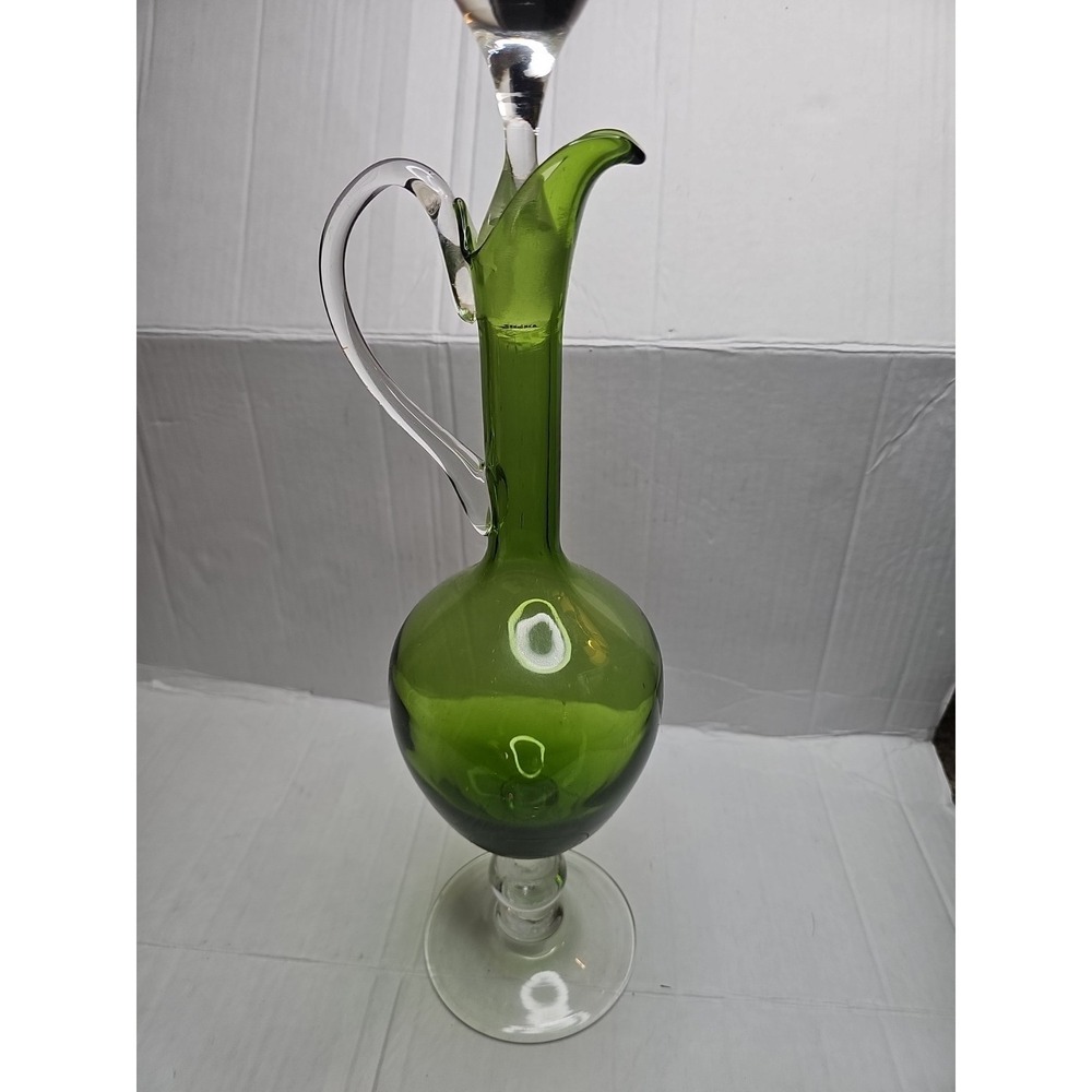 Green Art Glass Decanter Bottle with Stopper Hand Blown Style Vintage 17.5 inch - Picture 9 of 11